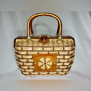PATTI ORIGINALS Vintage 60s Natural Coated Wicker & Lucite Top Handle‎ Purse MCM